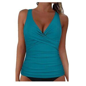 NEW- Enamel Blue Firpearl Tankini Twist V Neck Swimsuit Top- Women's 12